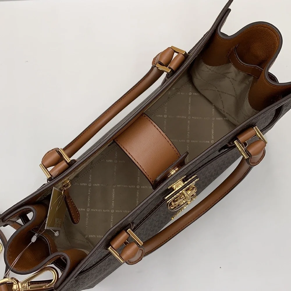 Michael Kors Hamilton Med Satchel Shoulder Crossbody Bag Luggage/Brown Signature